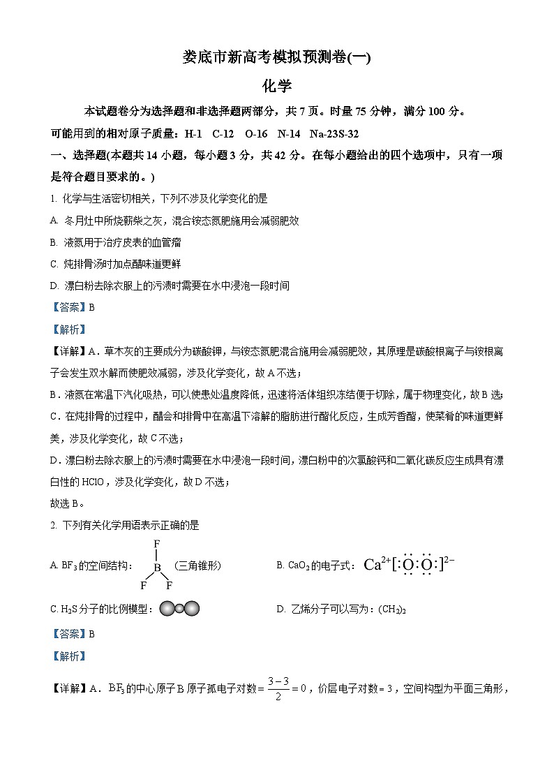 湖南省娄底市2023-2024学年高三上学期新高考模拟预测卷（一）化学试题（解析版）第1页