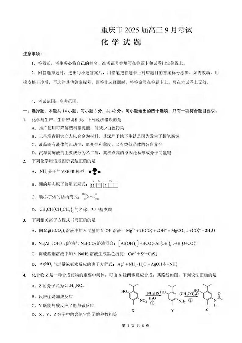 重庆市2024-2025学年高三上学期9月联考化学试题及答案第1页