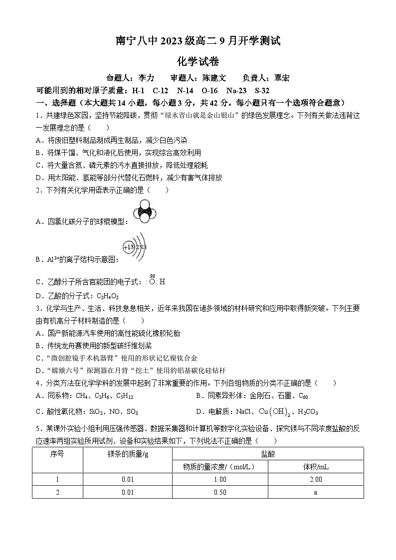 广西南宁市第八中学2024-2025学年高二上学期9月开学测试+化学试卷第1页