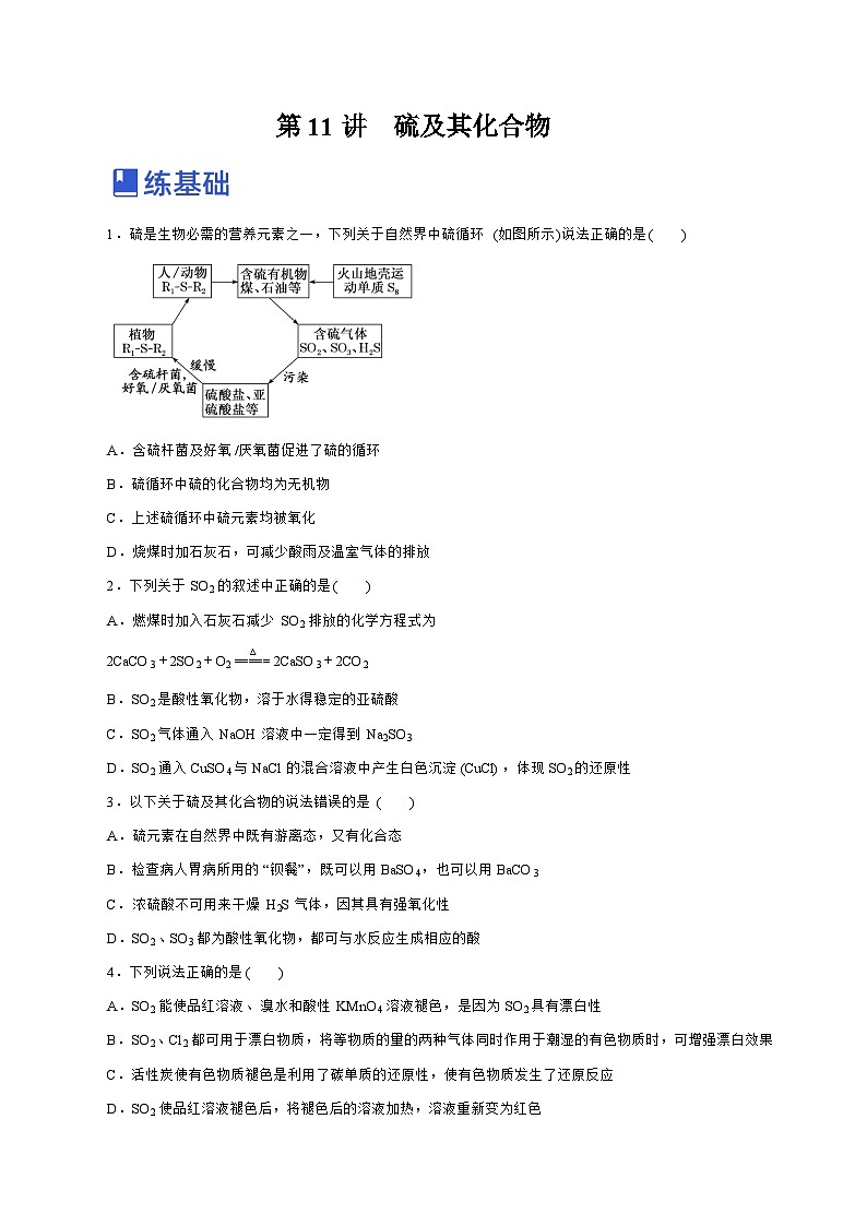 新高考化学一轮复习讲练测第11讲  硫及其化合物（练）（解析版）01