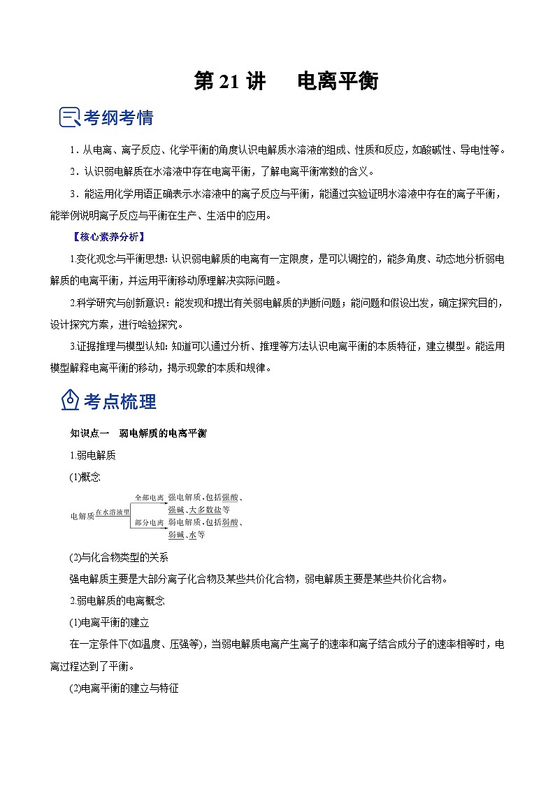 新高考化学一轮复习讲练测第21讲   电离平衡（讲）（解析版）01