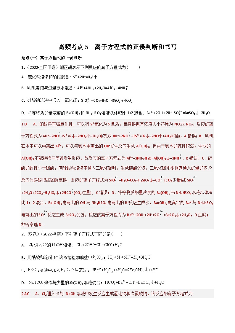 新高考化学二轮复习高频考点练习5 离子方程式的判断与书写（解析版）第1页