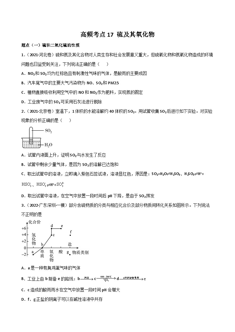 新高考化学二轮复习高频考点练习17 硫及其化合物（原卷版）第1页