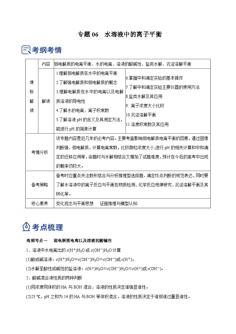 新高考化学二轮复习讲练测专题06  水溶液中的离子平衡（讲）原卷版第1页