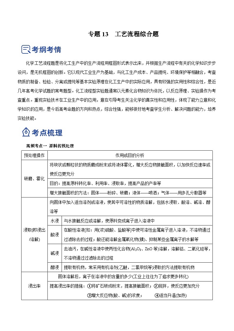 新高考化学二轮复习讲练测专题13 工艺流程综合题（讲）（原卷版）第1页