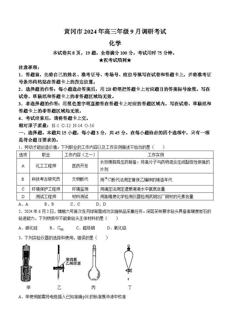 2025届湖北省黄冈市高三上学期9月调研考试一模 化学试题第1页