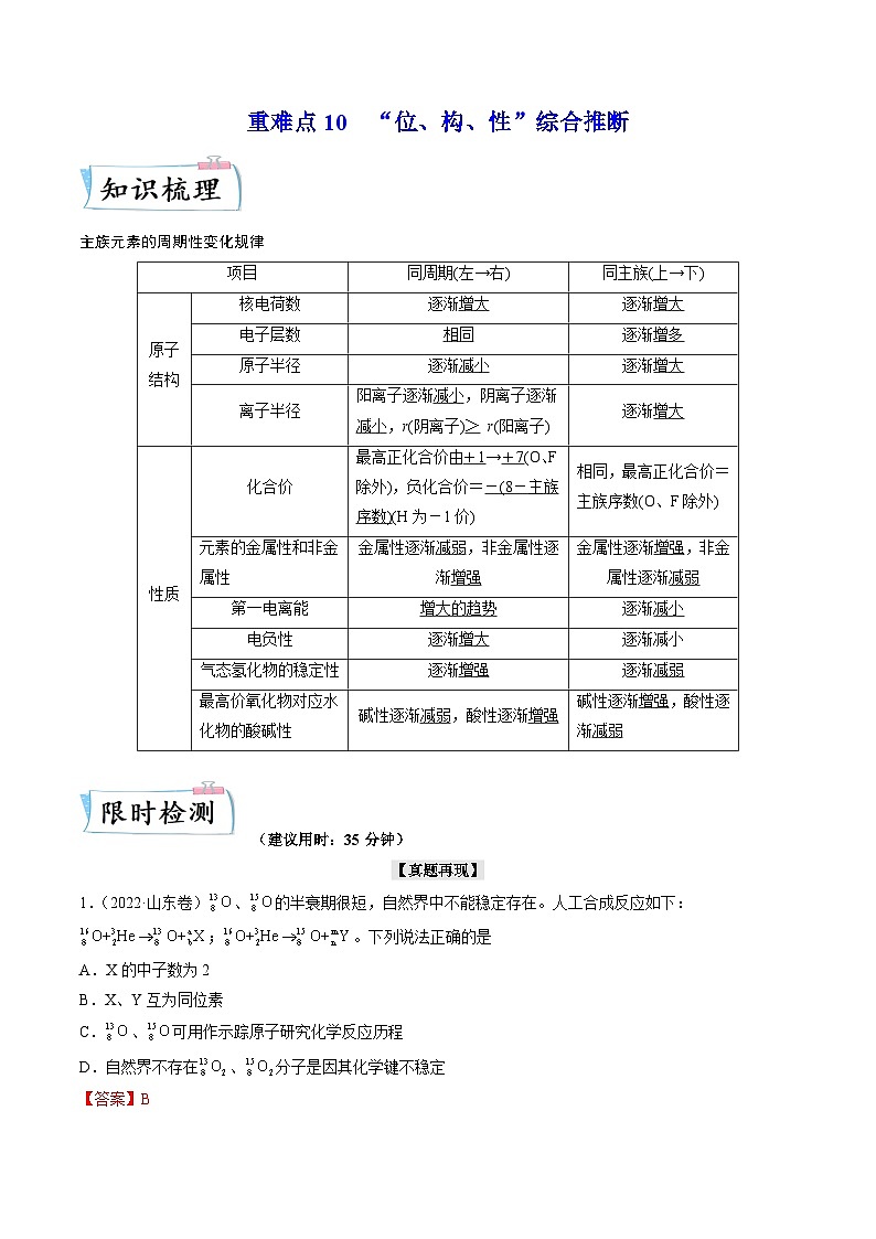 新高考化学二轮复习培优提升练习重难点10 “位、构、性”综合推断（解析版）第1页