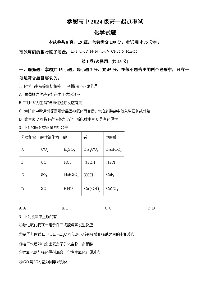 湖北省孝感高级中学2024-2025学年高一上学期开学考试化学试题（原卷版）第1页