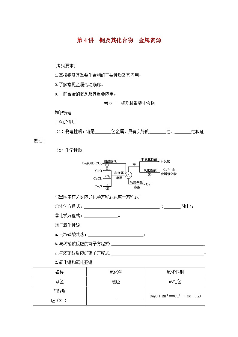 新高考化学一轮复习学案3.4铜及其化合物金属资源（含解析）01