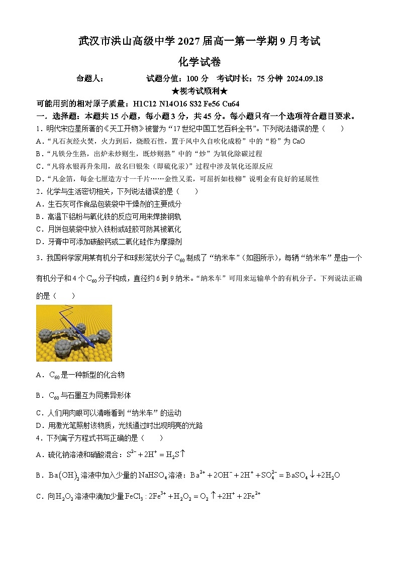 湖北省武汉市洪山高级中学2024-2025学年高一上学期9月考试化学试卷01
