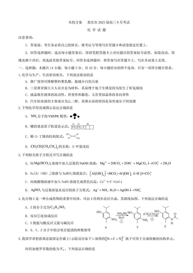 重庆市名校方案2025届高三上学期9月联考化学试题 含解析第1页