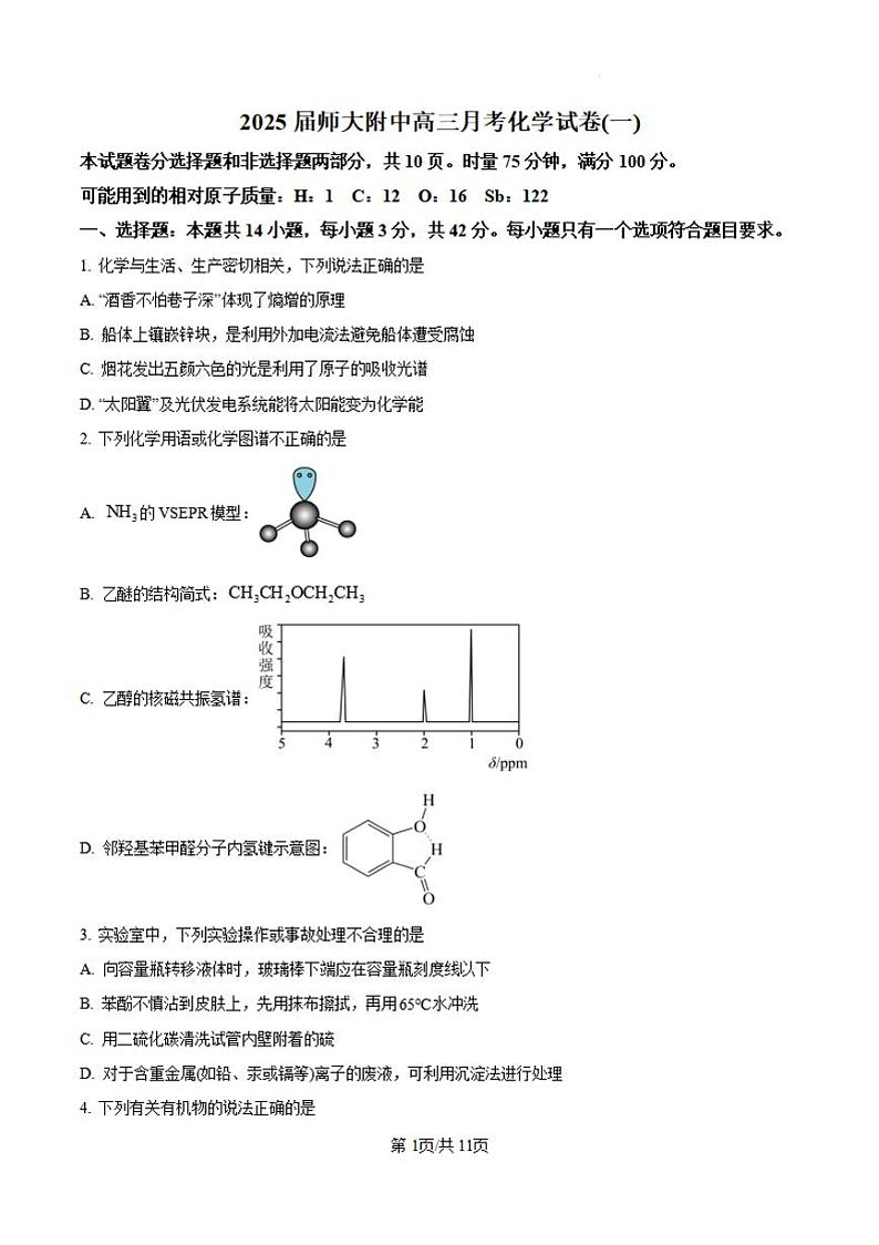化学-湖南师大附中2024-2025学年高三上学期月考（一）第1页