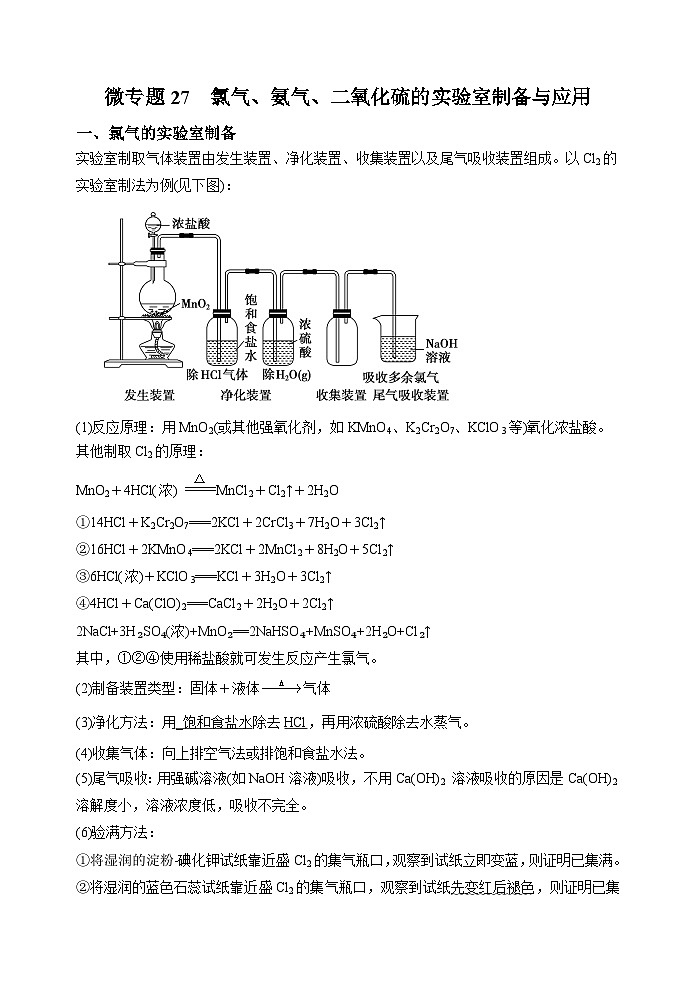 新高考化学一轮复习考点巩固练习27  氯气、氨气、二氧化硫的实验室制备与应用（原卷版）第1页