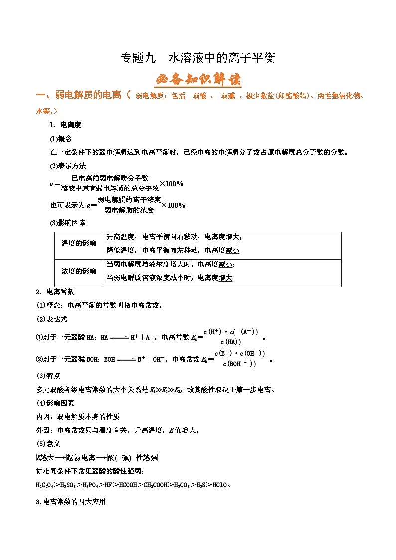 高考化学二轮复习针对性练习专题九  水溶液中的离子平衡（考点剖析）（解析版）第1页