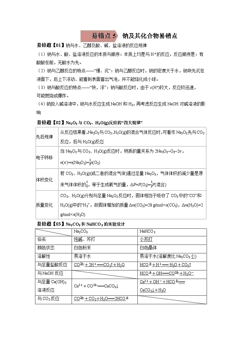 高考化学二轮复习易错题易错点05 钠及其化合物（原卷版）第1页