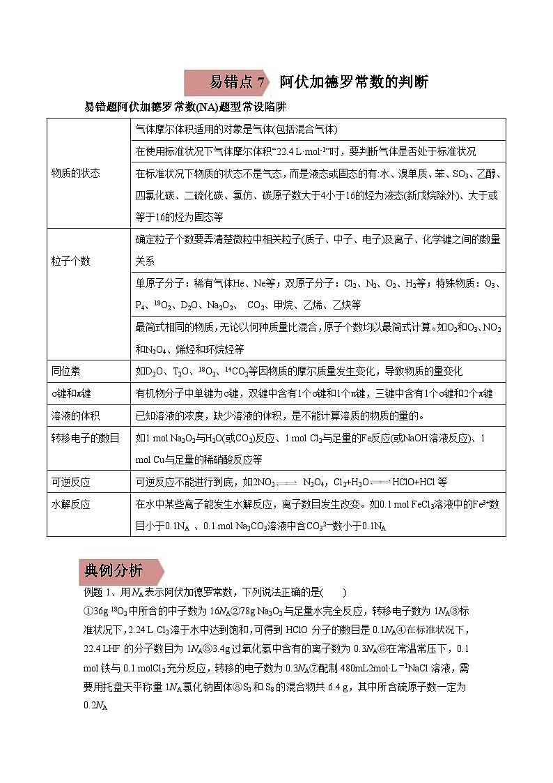 高考化学二轮复习易错题易错点07 阿伏加德罗常数的判断（解析版）01