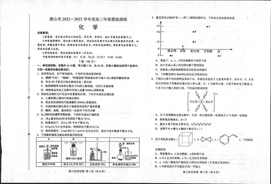 河北省唐山市2022-2023学年高三摸底演练  化学（含答案）第1页