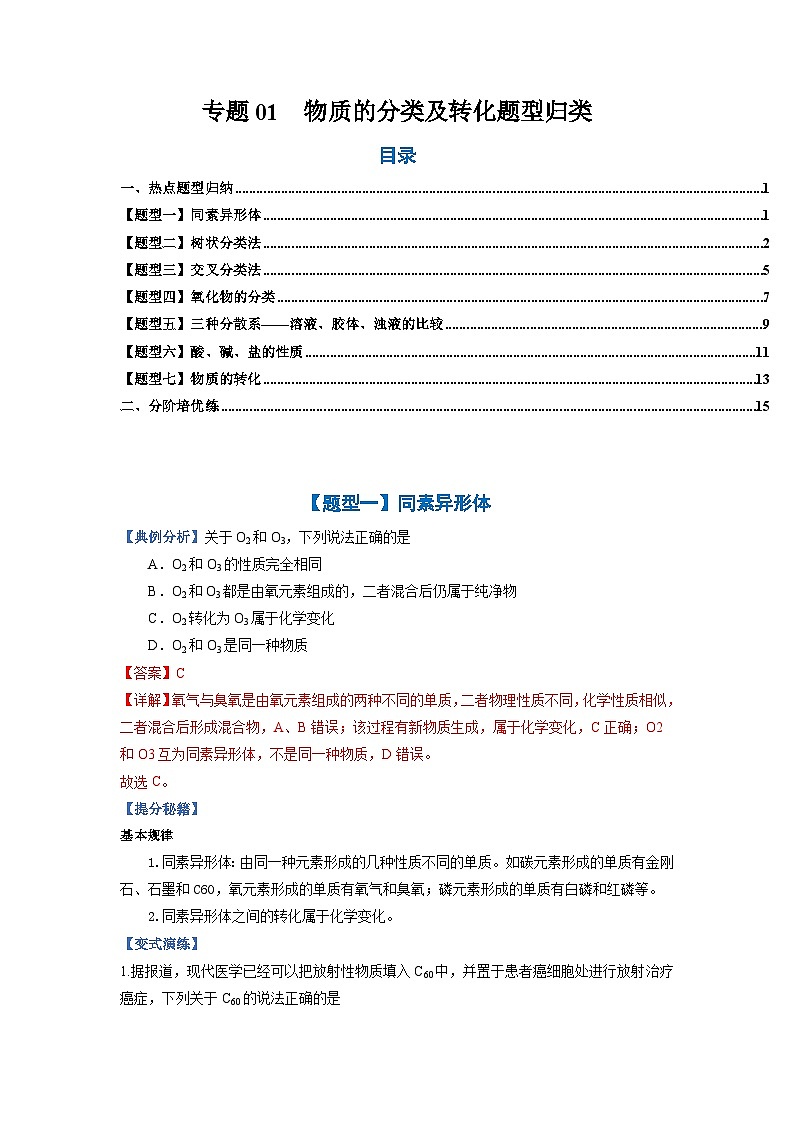 专题01 物质的分类及转化-2024-2025学年高一化学（人教版2019必修第一册）（解析版）第1页