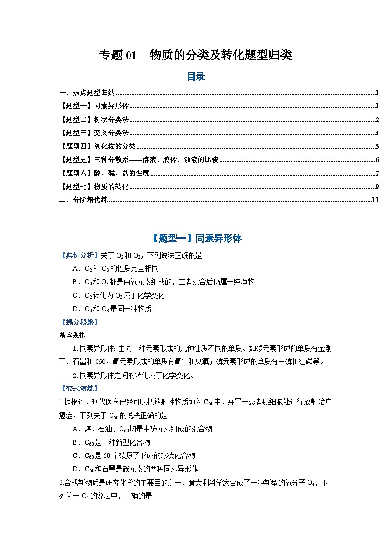 专题01 物质的分类及转化-2024-2025学年高一化学（人教版2019必修第一册）（原卷版）第1页