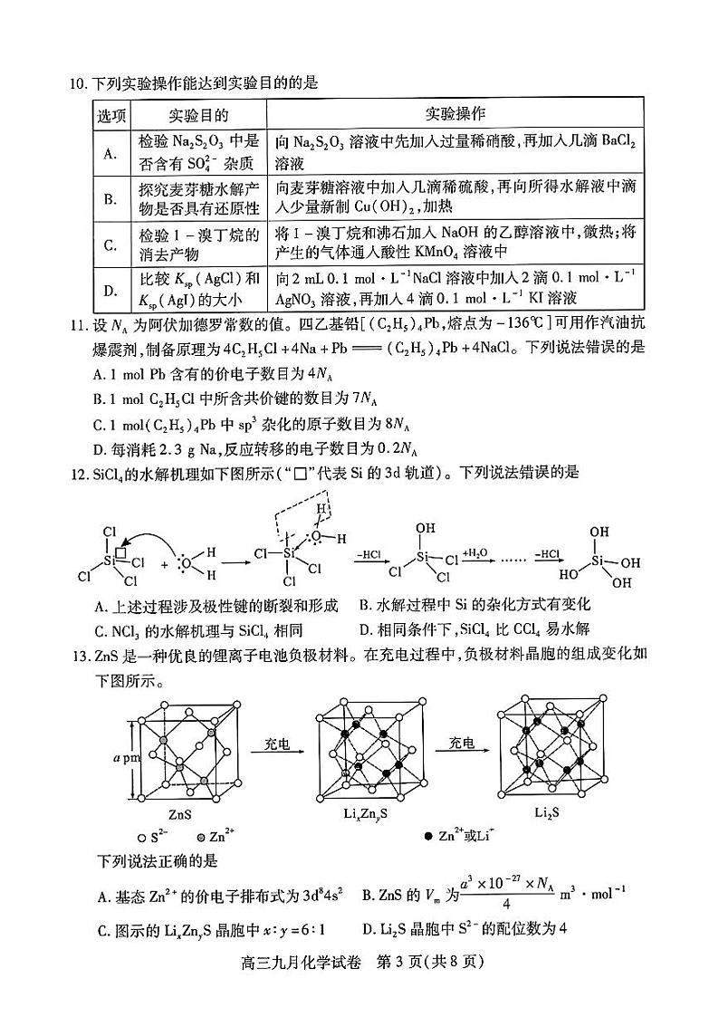 湖北省武汉市2025届高三上学期9月第一次调研考试 化学试题第3页