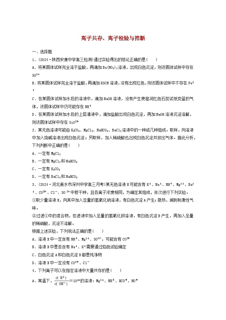 2025届高三化学一轮复习课时小练：离子共存、离子检验与推断第1页