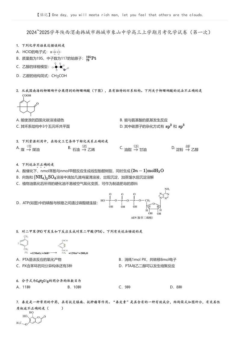 2024_2025学年陕西渭南韩城市韩城市象山中学高三上学期月考化学试卷（第一次）原题版第1页