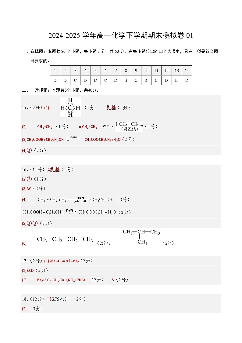 高一化学期末模拟卷01（人教版2019必修第二册）-2024-2025学年高一下学期期末模拟考试01