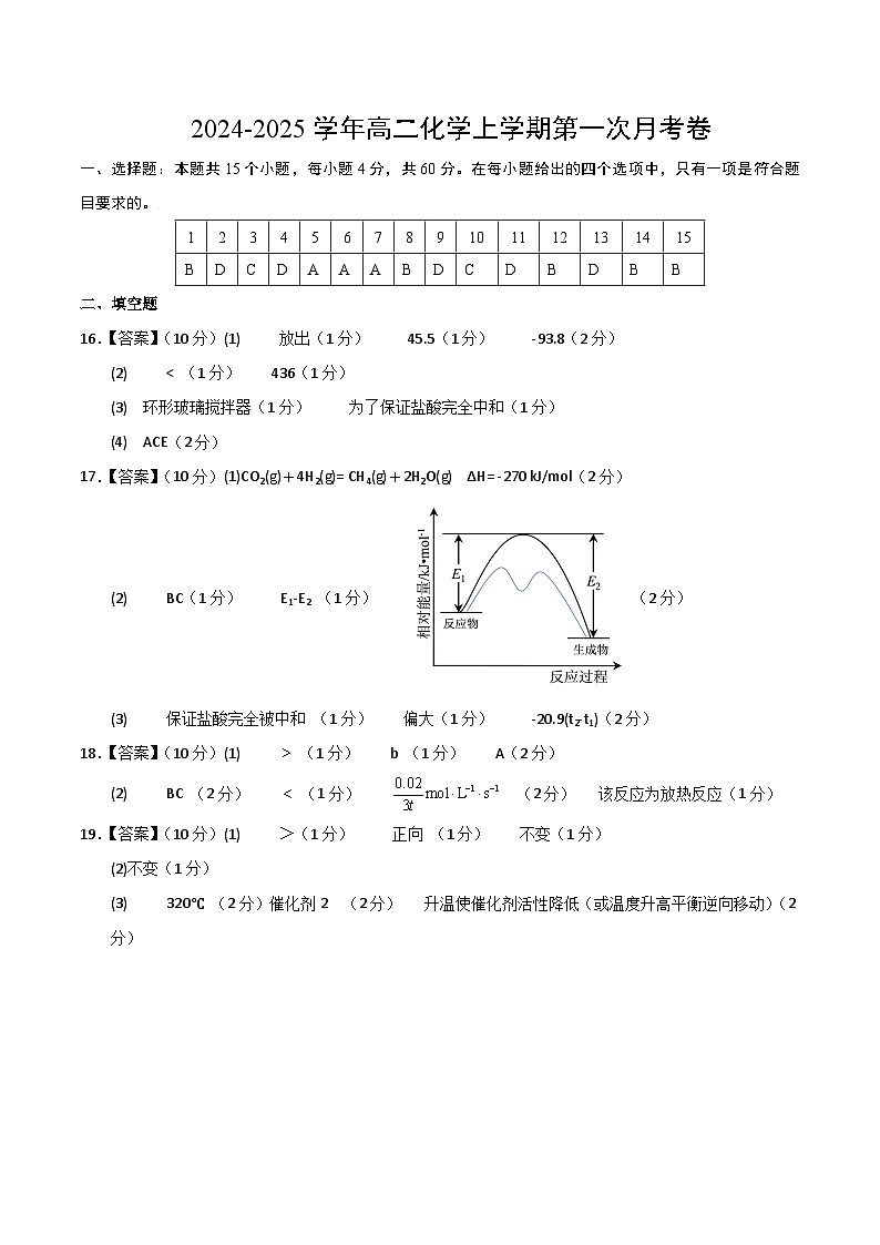 新高考通用高中化学高二上学期第一次月考试卷（“15+4”，人教版2019选修1第1章~第2章第2节）含答案解析01