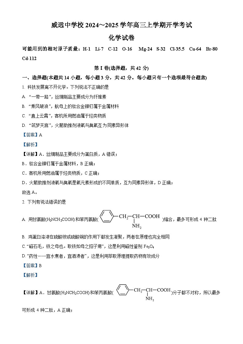 四川省内江市威远县威远中学2024-2025学年高三上学期9月月考化学试题 Word版含解析第1页