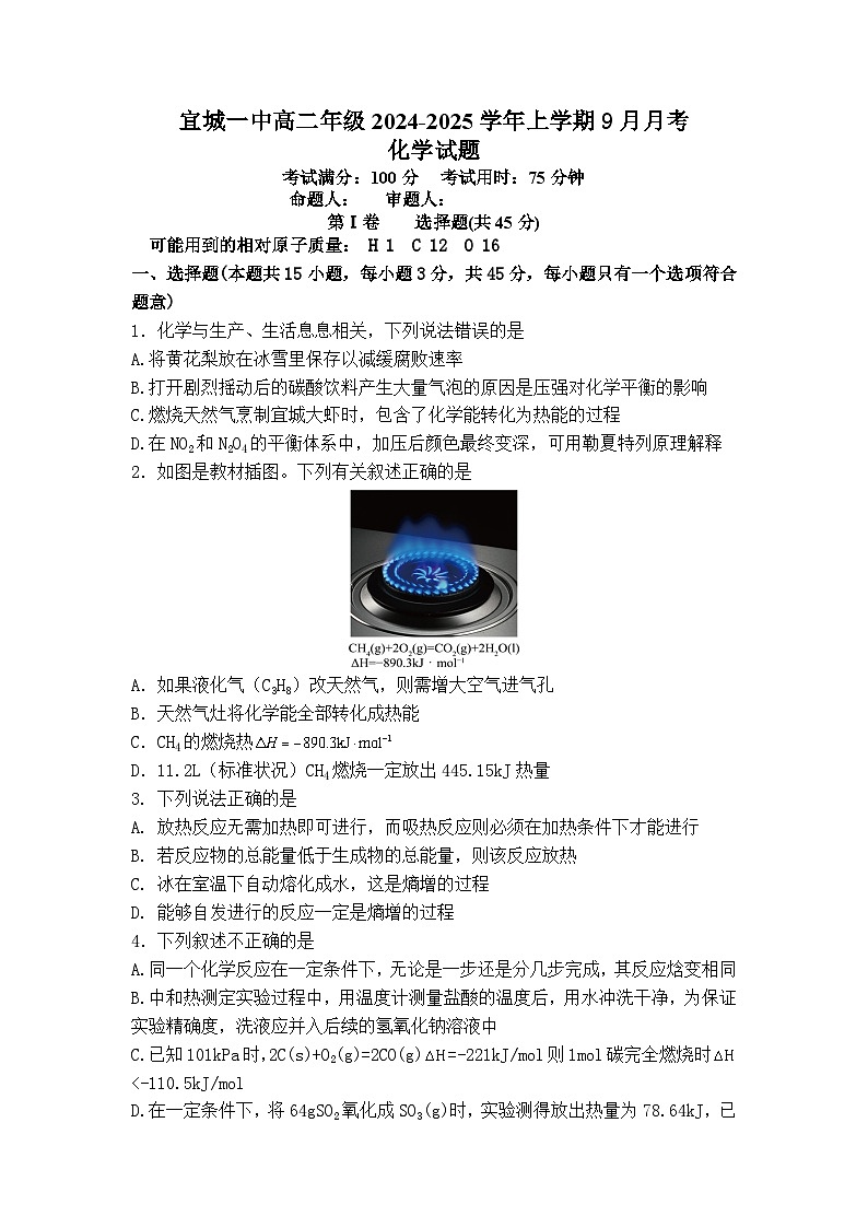 湖北省宜城市第一中学2024-2025学年高二上学期9月月考化学试卷第1页
