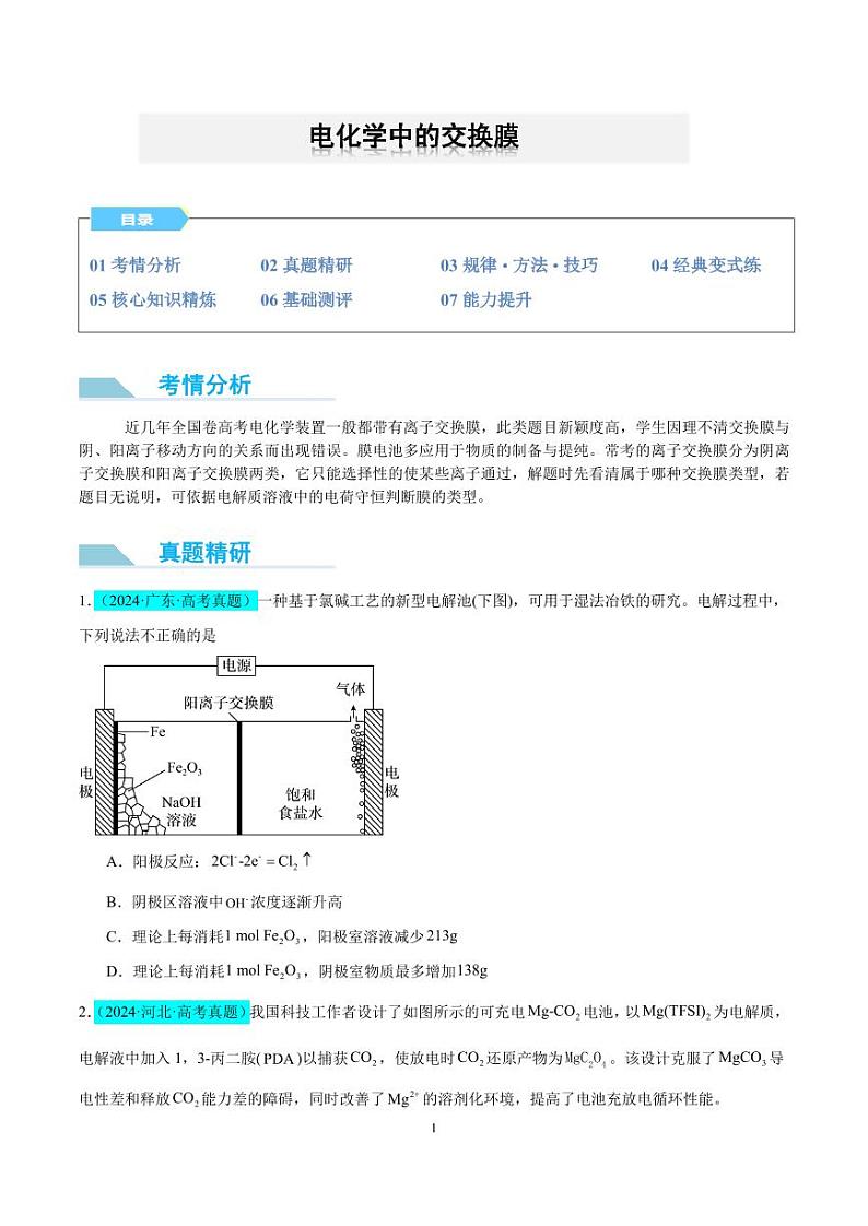 微专题  电化学中的交换膜（原卷版）第1页