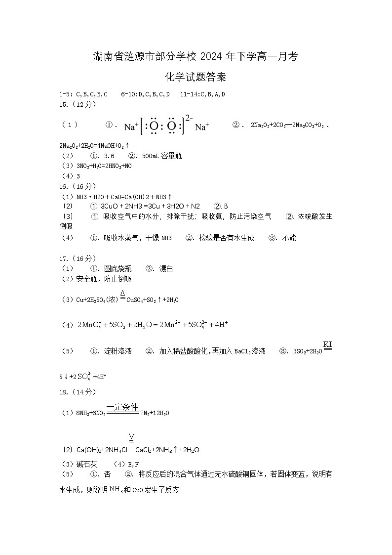 湖南省涟源市部分学校2024年下学高一月考化学试题答案第1页