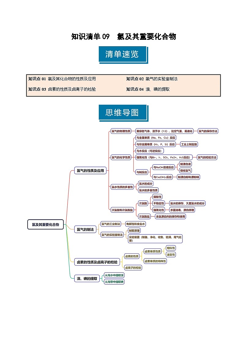 知识清单09 氯及其重要化合物（含答案） 2025年高考化学一轮复习知识清单01