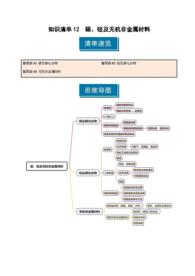 知识清单12 碳、硅及无机非金属材料（教师版） 2025年高考化学一轮复习知识清单第1页