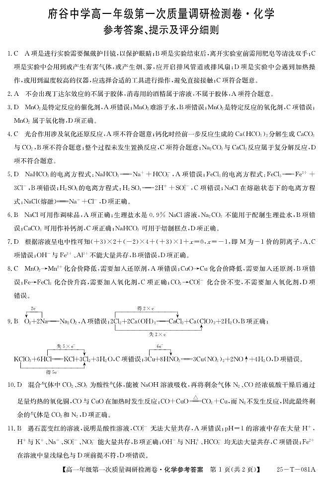 陕西省榆林市府谷县府谷中学2024-2025学年高一上学期9月月考化学试题01