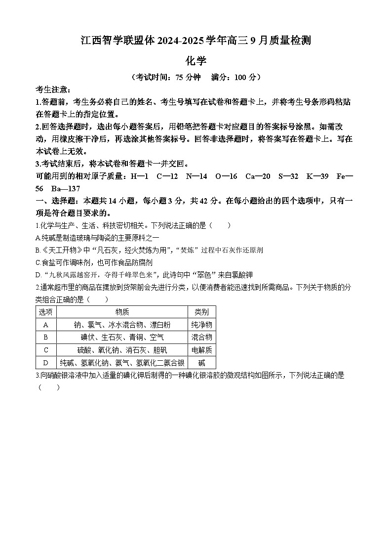 江西省智学联盟体2024-2025学年高三上学期9月质量检测 化学试卷（含答案）01