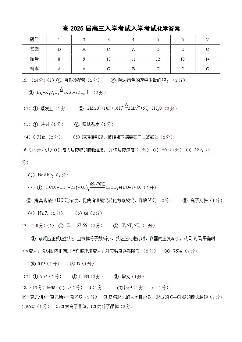 高2025届高三入学考试化学（答案）第1页