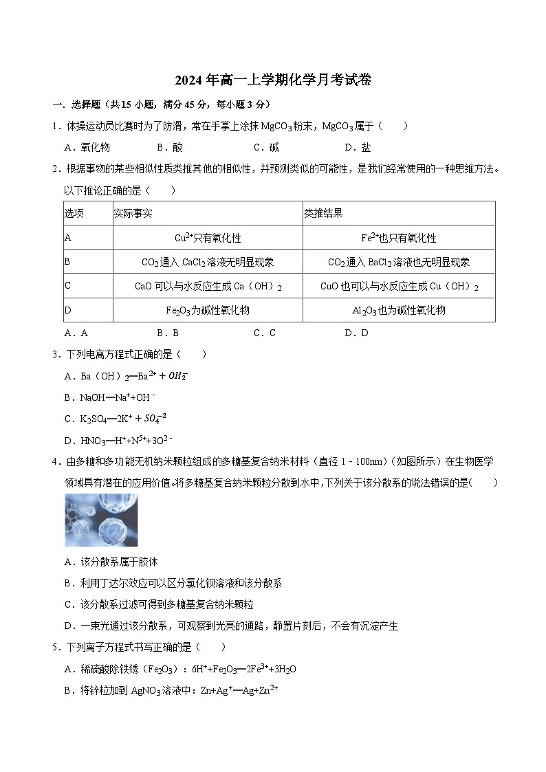 湖南省岳阳市临湘市2024-2025学年高一上学期9月月考化学试题第1页