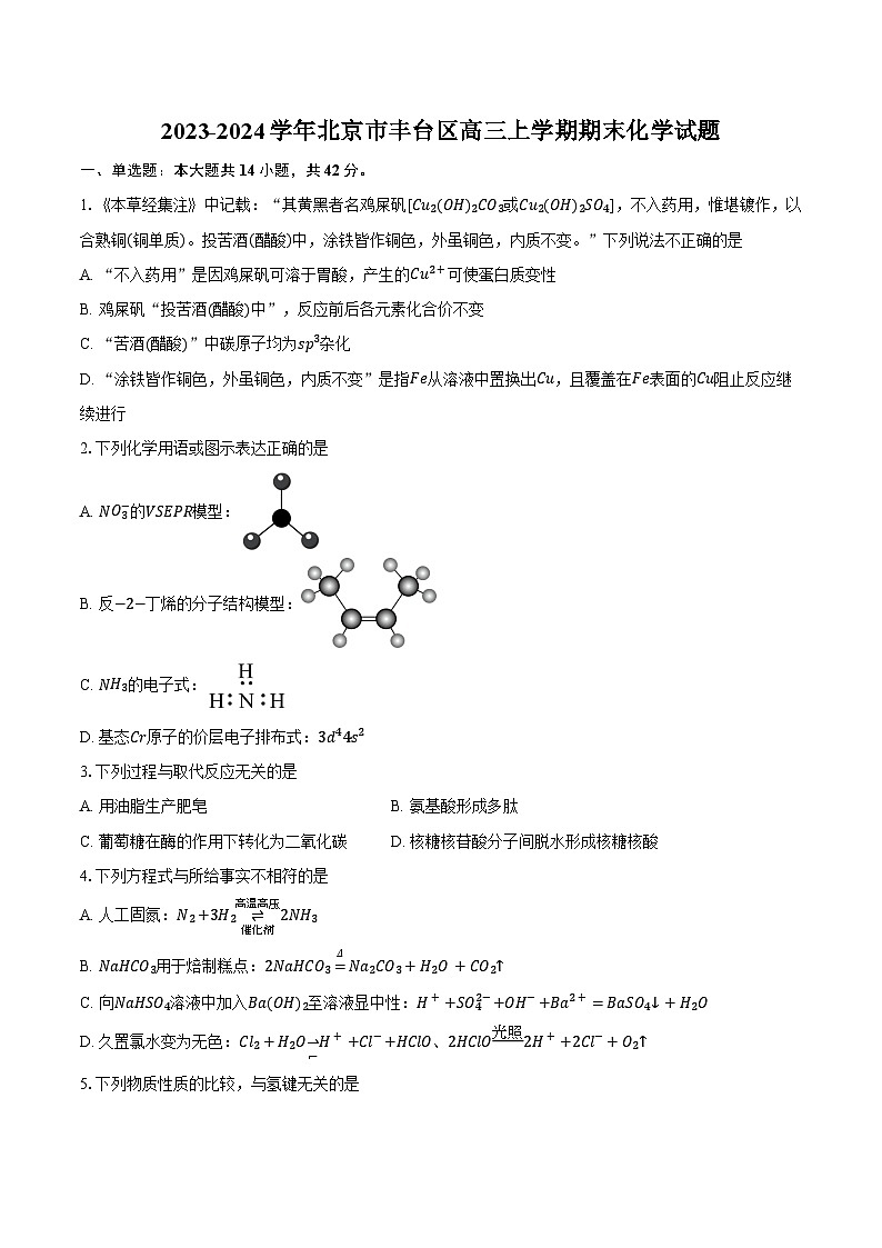 2023-2024学年北京市丰台区高三上学期期末化学试题（含解析）第1页