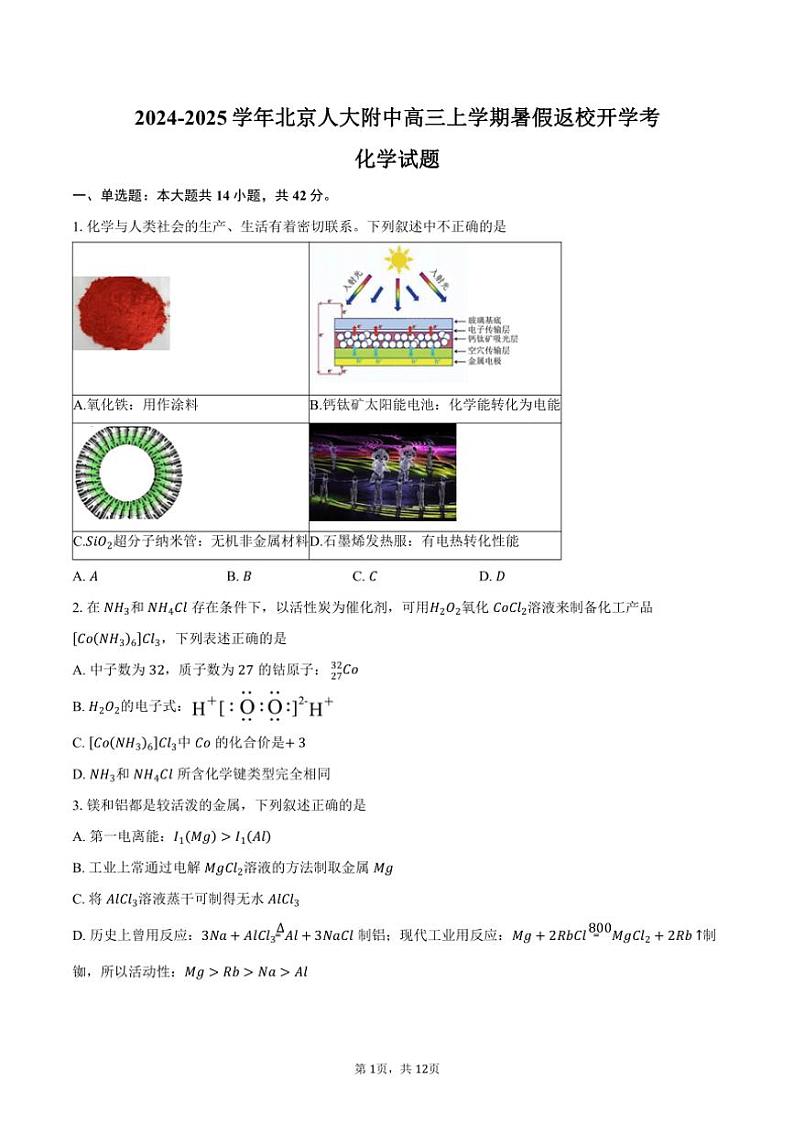 [化学]2024～2025学年北京人大附中高三上学期暑假返校开学考试题(有答案)第1页