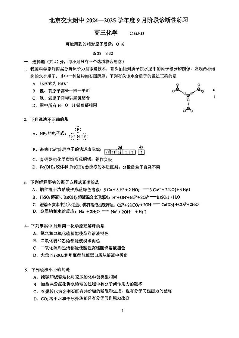 [化学]2024～2025学年北京交大附中高三上学期9月月考(无答案)第1页