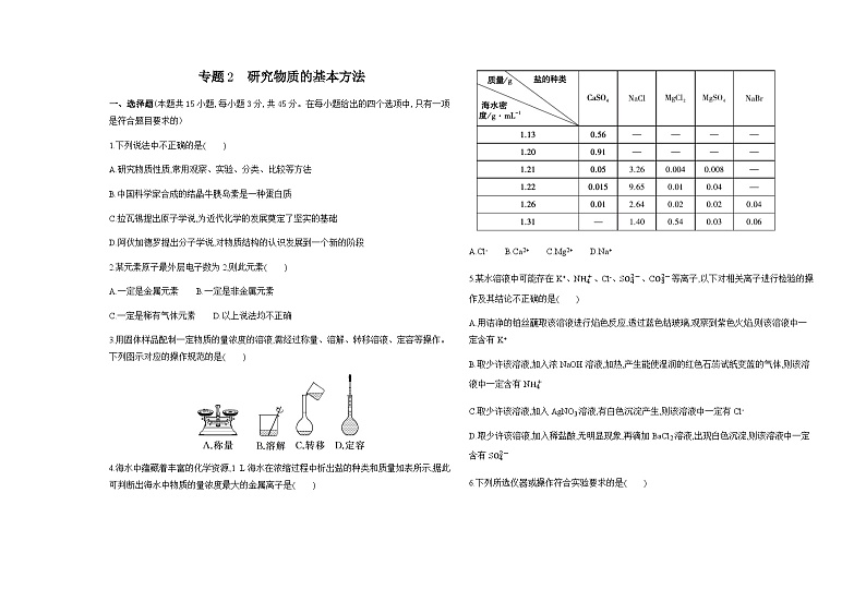 苏教版高中化学必修第一册专题2研究物质的基本方法练习含答案01