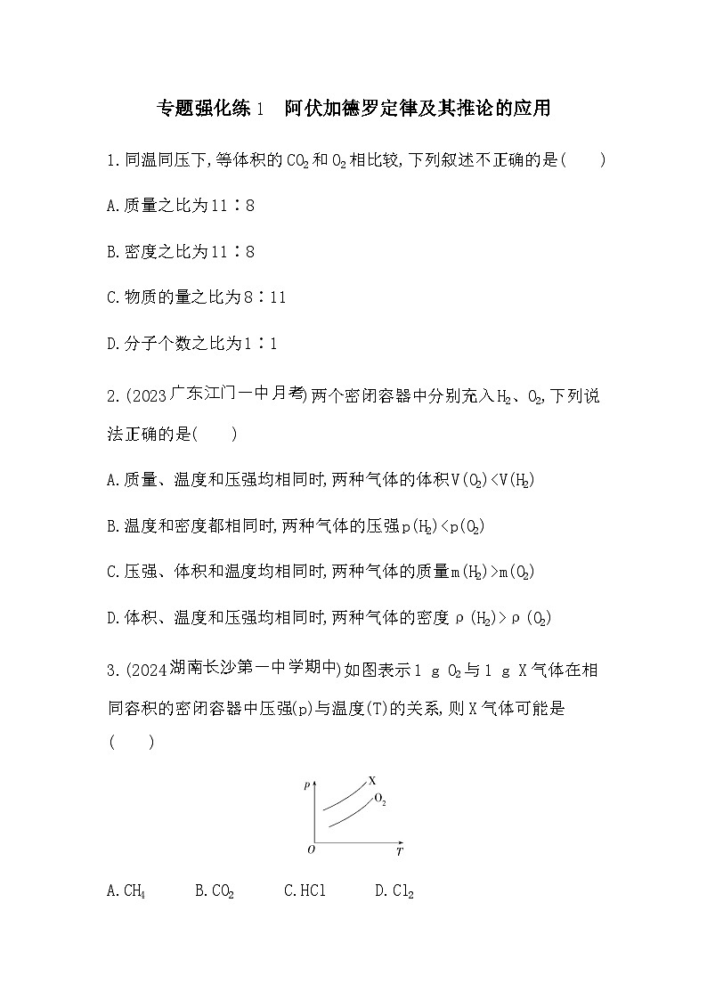 苏教版高中化学必修第一册专题1物质的分类及计量专题强化练1阿伏加德罗定律及其推论的应用含答案第1页