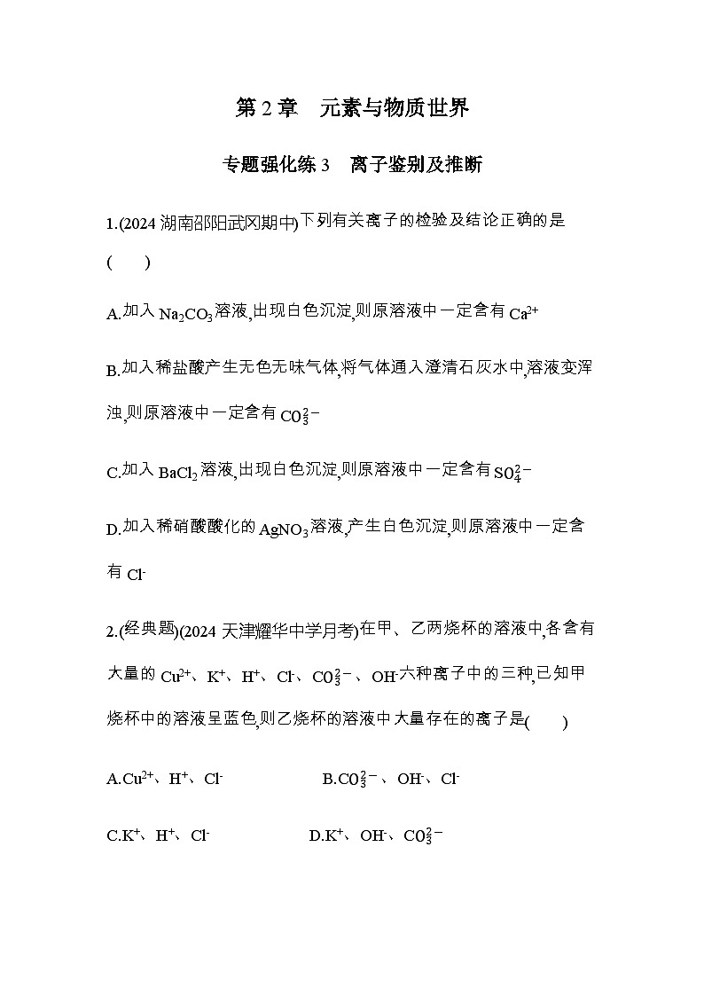 鲁科版高中化学必修第一册专题强化练3离子鉴别及推断含答案第1页
