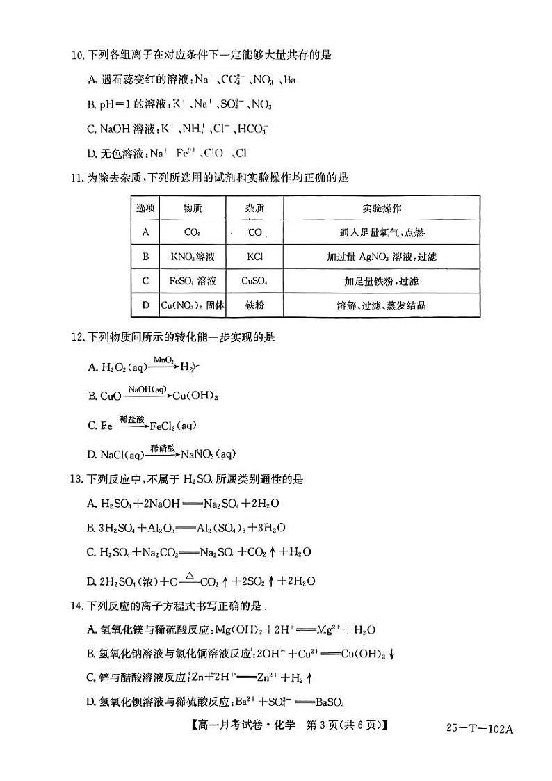 贵州省毕节市威宁县2024-2025学年高一上学期++第一次月考化学试卷03