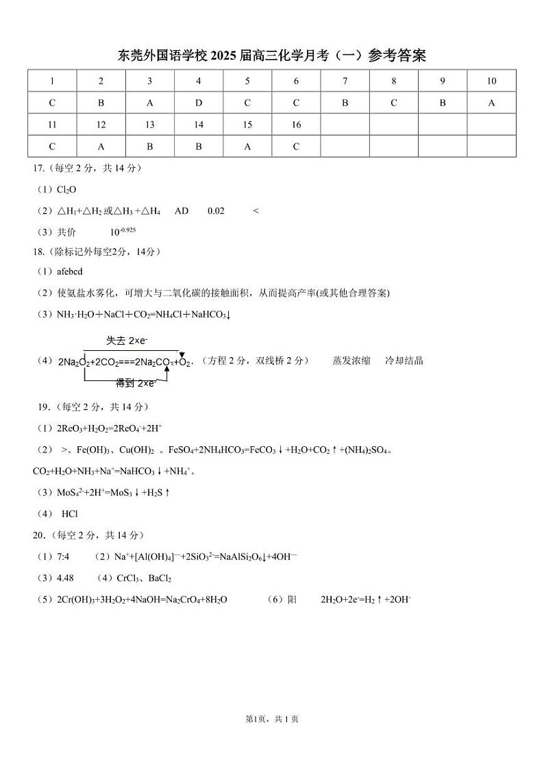 高三化学参考答案第1页