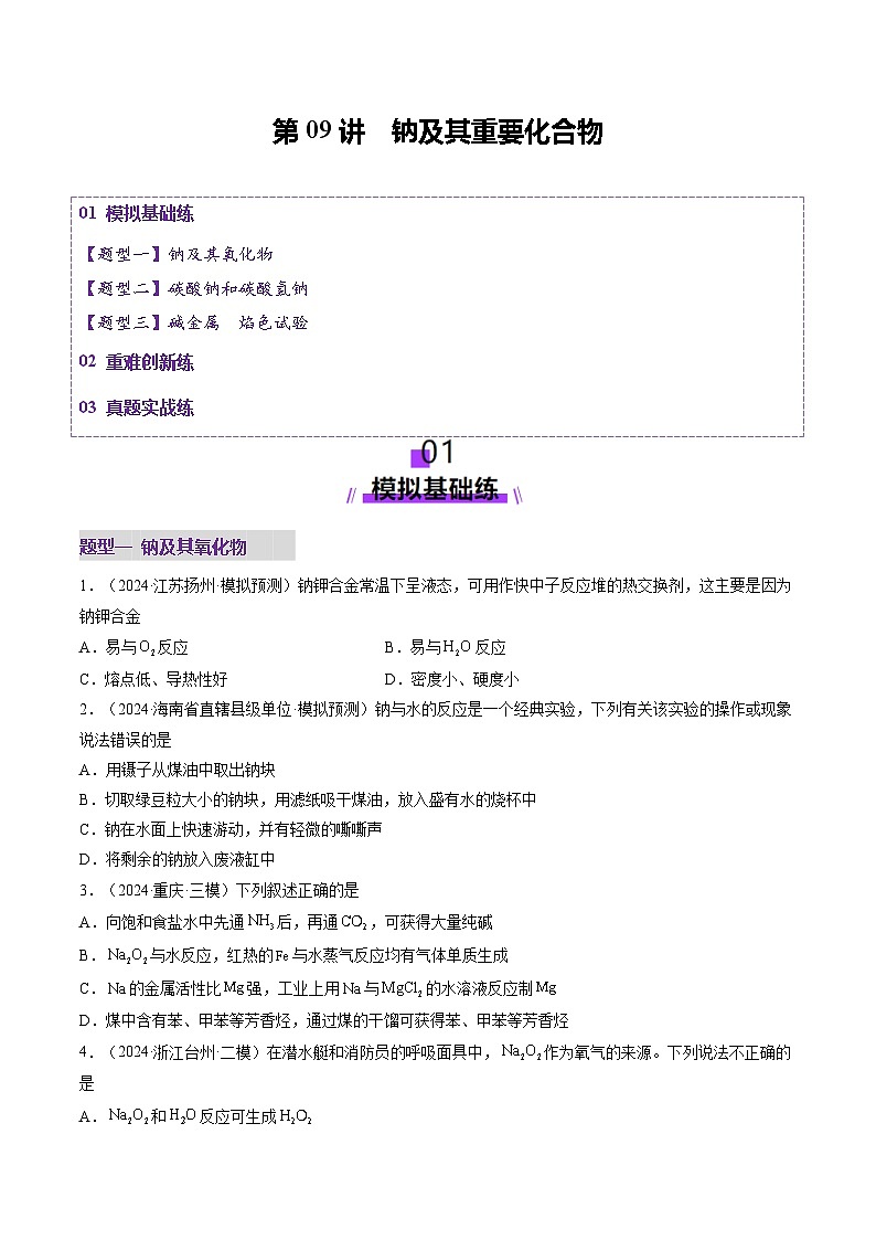 第01讲 钠及其重要化合物（练习）（学生版） 2025年高考化学一轮复习讲练测（新教材新高考）第1页