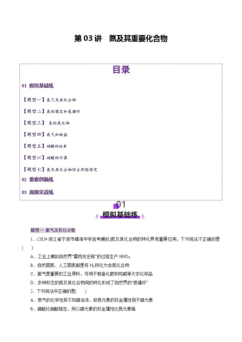 第03讲 氮及其重要化合物（练习）（学生版） 2025年高考化学一轮复习讲练测（新教材新高考）第1页