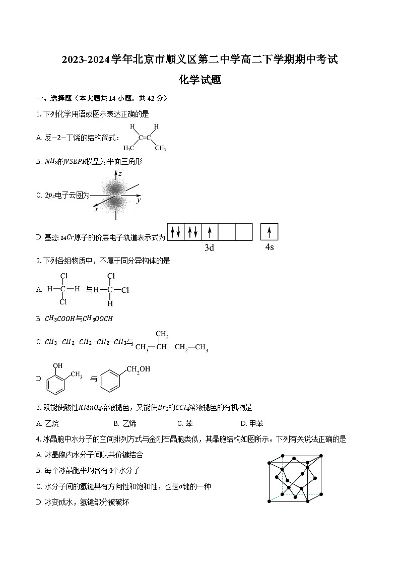 2023-2024学年北京市顺义区第二中学高二下学期期中考试化学试题（含答案）01