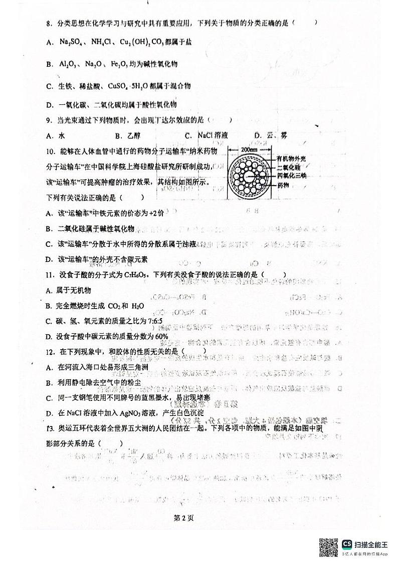 湖北孝感市大悟县楚才高级中学2024-2025学年高一上学期第一次月考化学试题02